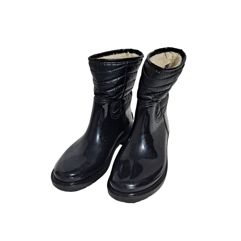 Nautica Faux Fur Boots Woman Size 8 Black Waterproof Rubber Puffer Rain Snow